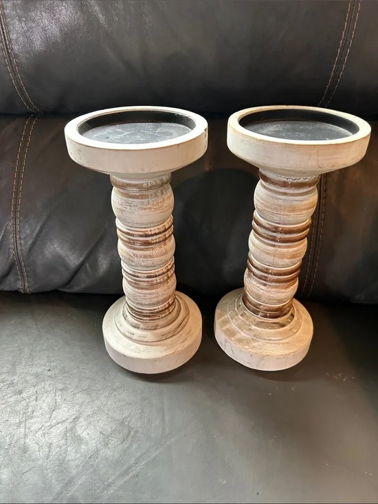 Rustic Distressed White Wood Pillar Candle Holders - Set of 2