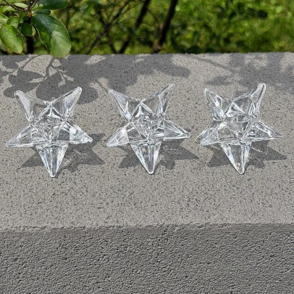 Vintage 9-point Clear Glass Star Merkaba Taper Candle Holders Set of 3