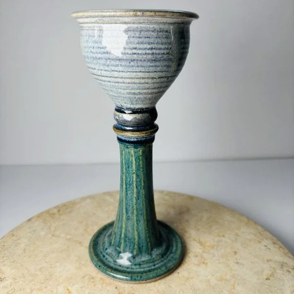 Handmade Pottery Candlestick Holder Blue Green Pillar Candles Goblet Style‎ Cup