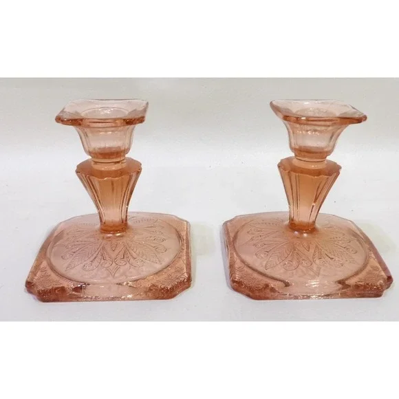 Jeannette Adam Pink Glass Candlestick Holders Floral Etched Square Base Set 2