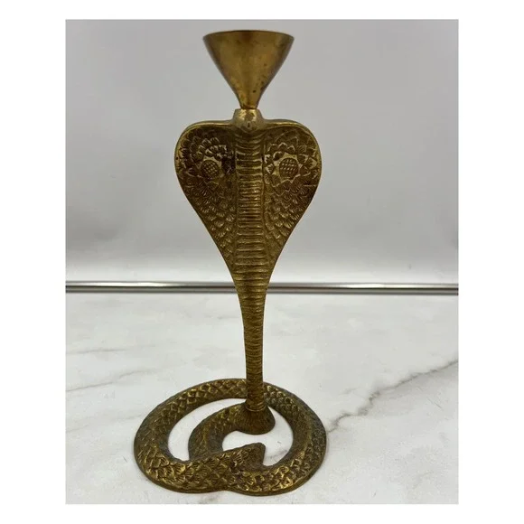 Vintage Solid Brass Cobra Snake Candlestick Holder Etched Coiled Base 8.5 Inch