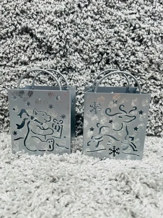 Lot of 2 Gray Metal Tealight Candle Holder Gift Bag Holiday Bear Reindeer Design