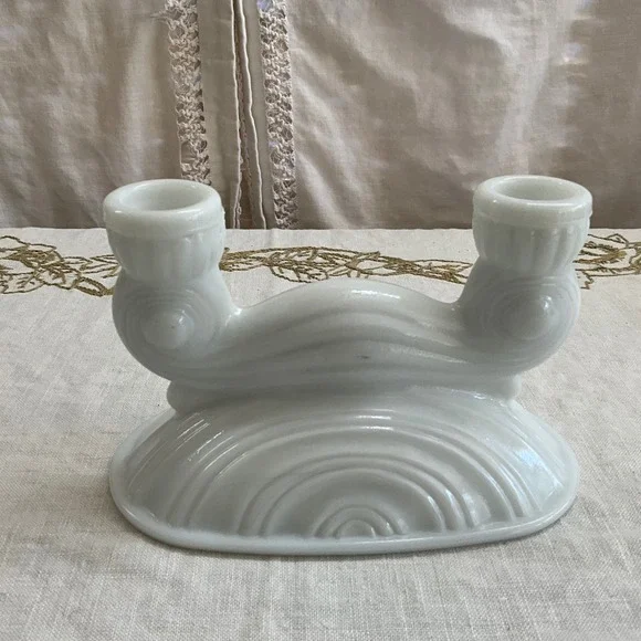 Vintage McKee Milk Glass Double Candlestick Art Deco Scrolled White Taper Holder