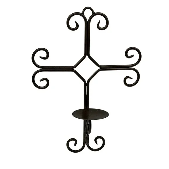 Wrought Iron Scrollwork Cross Wall Sconce Pillar Candle Holder Dark Bronze 17in
