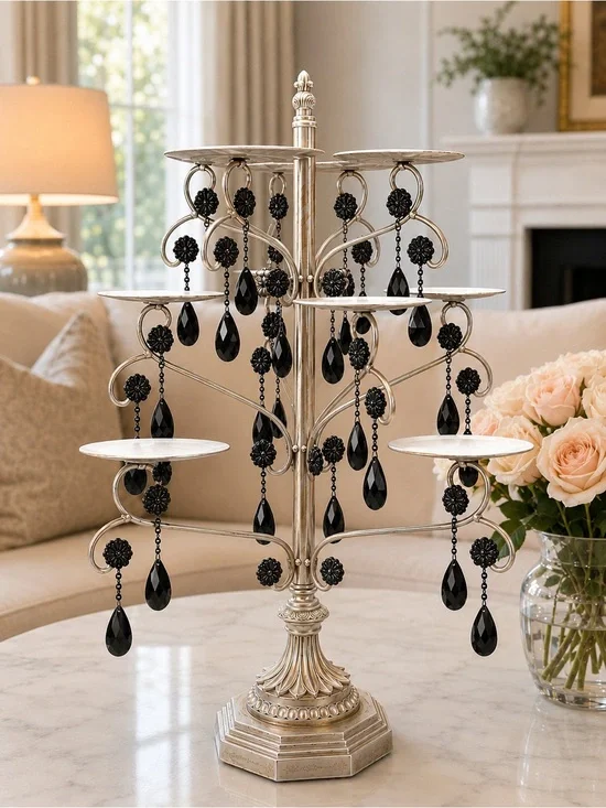 Silver Tiered Candelabra with Black Teardrop Crystals- gorgeous