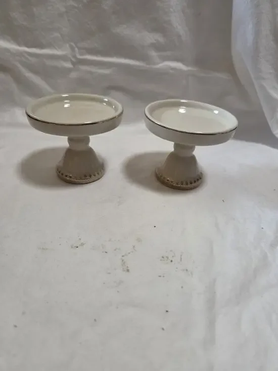 Victorian Trading Co Ceramic Mini Cupcake Stands Candle Holders VTC Pair Gold