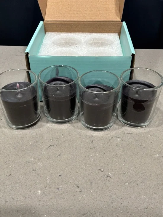 Set of Four Black Glass Votive Candle Set – with Box