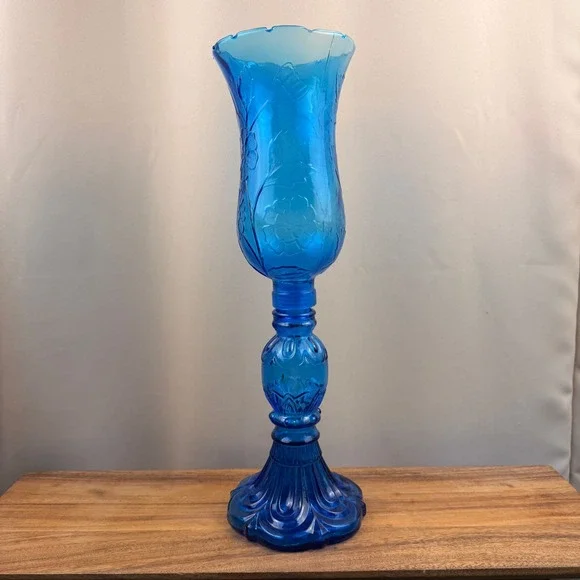 Vintage Blue Glass Hurricane Candle Holder Floral Embossed 2 Piece 18.5 Inch