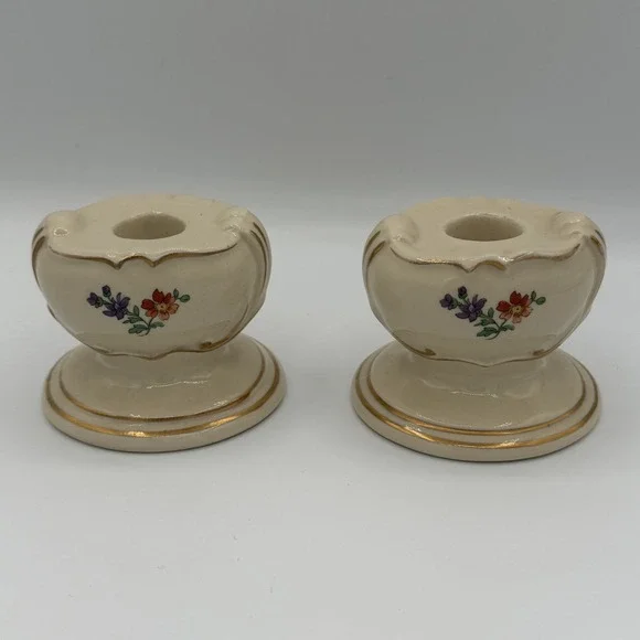 Set of 2 Vintage Princeton China Cream Floral Gold‎ Taper Candle Holders