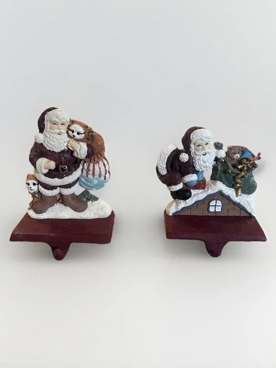 2 Vintage Trim a Home Cast Iron and Resin Stocking Holder Santa Claus & Snowman