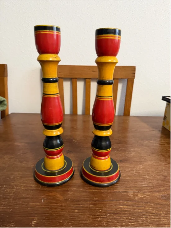Vintage Pair Hand Painted Wooden Candlesticks Folk Art Red Yellow Black Turned W
