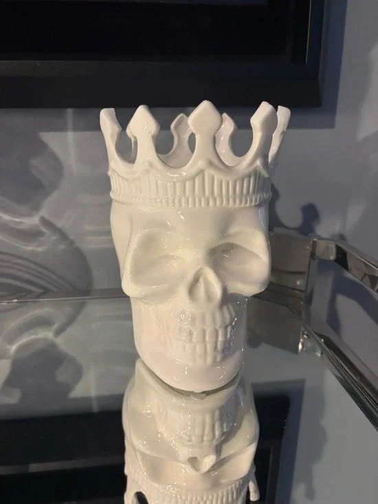 Ceramic Skull Candle Holder with Crown - White some irregular marking