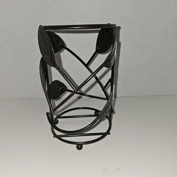 Black Metal Pillar Candle Holder with Decorative Leaf Detailing - Rustic Decor‎