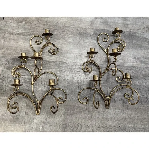 Vtg MCM Wall Candle Sconce Hollywood Regency Gold Tone Metal Scrolls Leaves (2)