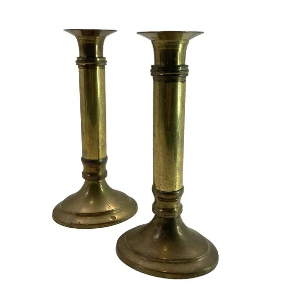 Pair of Vtg MCM Brass Metal Candle Candlestick Holders 7.5
