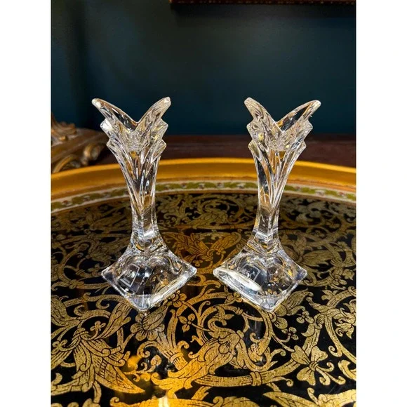 Mikasa Lead Crystal Candle Holders‎ – Art Deco Style Pair, 5.5