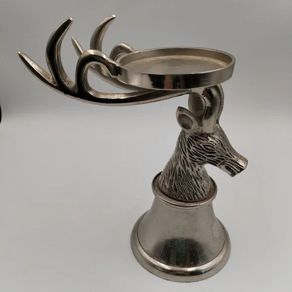 Silver Stag Head Pillar‎ Candle Holder Metal Antler Pedestal Lodge Christmas 9