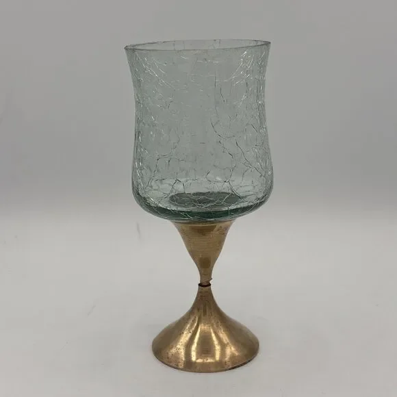 Vintage Brass Tea light/Votive Candle Holder Stand w Crackle Glass Globe