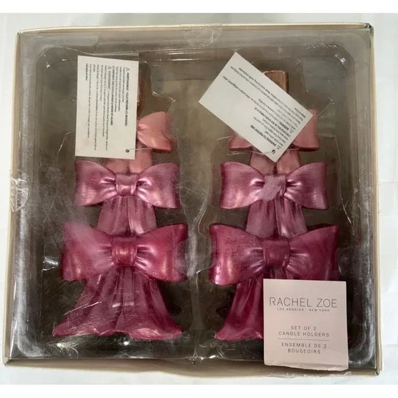 Valentine's‎ Day 2 Pc Rachel Zoe Pink Ombre Bows Rose Gold Candlesticks New