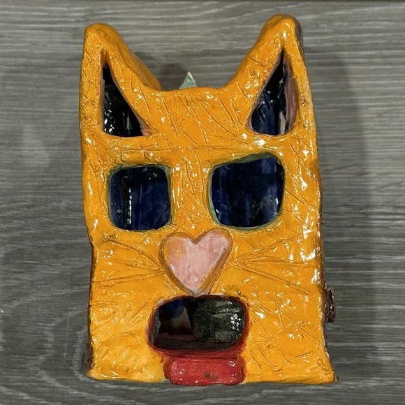 Handmade Ceramic Cat House Luminary Tealight Candle‎ Holder Orange Folk Art