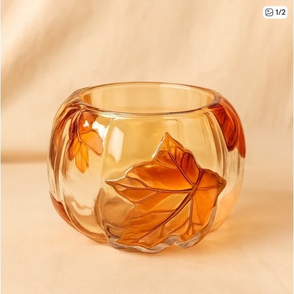 Amber Glass Leaf Embossed Candle Holder‎ Pumpkin Shape Autumn Fall Decor