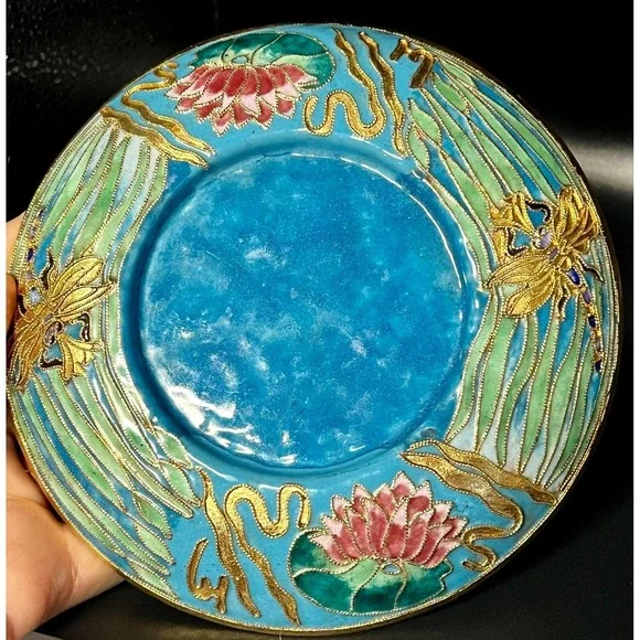 Cloisonne‎ Candle Holder Raise Metal Enamel Gold Turquoise Lily Pad Flowers 6