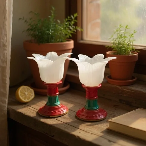 Vintage Portuguese Frosted Tulip Glass Candle Holders Set of 2 6