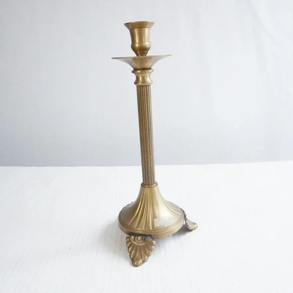 Vintage Brass Candlestick Holder Fluted‎ Column Ornate Base Made in India