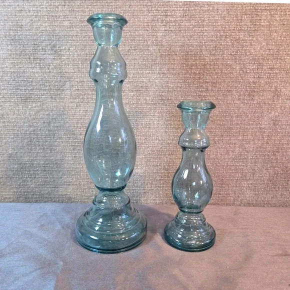 Set of 2 Blue Recycled Glass Taper Candle Holders Baluster‎ Coastal Decor