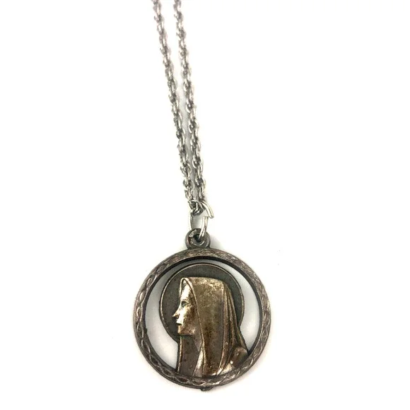 St‎ Mary Religious Pendant Double Sided Silver Made Italy Vintage Catholic Charm