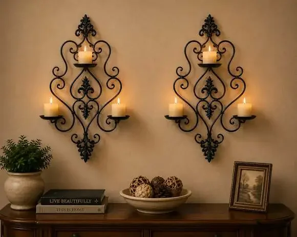 Set of 2 Decorative Black Iron Scrollwork Wall-Mount Candle Sconces