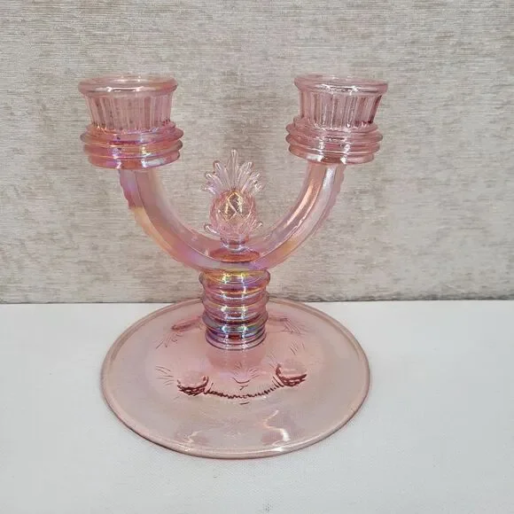 Fenton Pineapple Candlestick Double Pink Glass Candle Holder Vintage Candelabra