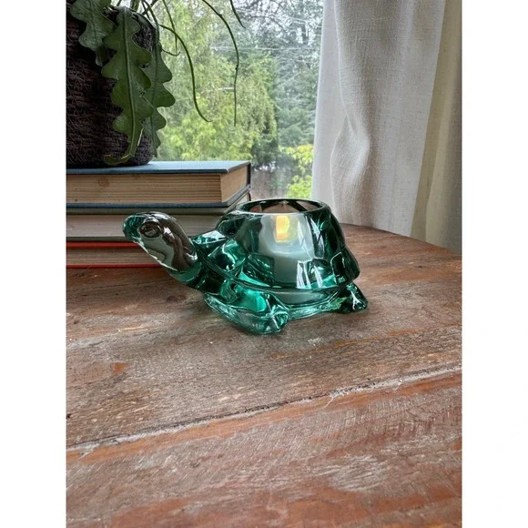 Vintage Indiana Glass Green Turtle Votive Candle Holder Figurine Heavy Emerald