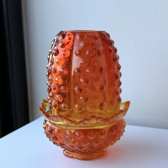 Fenton Hobnail Red Orange Amberina Glass Fairy Lamp Tea Light - Glows