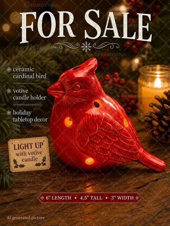 Ceramic Cardinal Votive Candle Holder Holiday Tabletop Decor 6