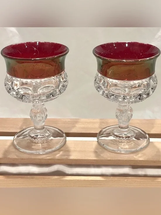 ☀️2/$20 Pair (2) Tiffin Ruby Red Kings Crown Thumbprint Cordials Small Goblets