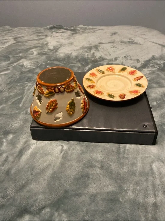 Ceramic Autumn Leaf Candle Holder and Saucer - Cream, Orange, Green