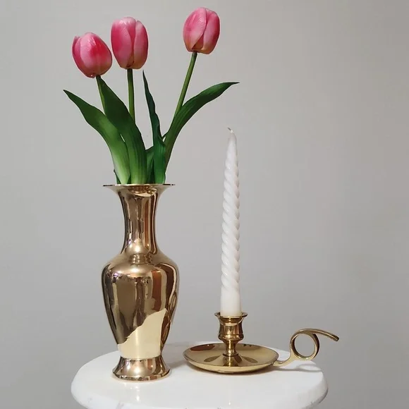 Vintage Elegant Golden Brass Vase and Candlestick Holder With Handle Set