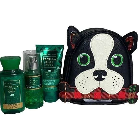 Bath and Body Works DOG COSMETIC BAG and VANILLA BEAN NOEL Travel 4 Piece Set