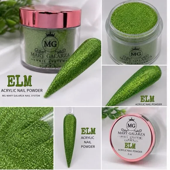 Mary Galarza MG Nail System Acrylic Powder Glitter Color Powder Green ELM 2 oz