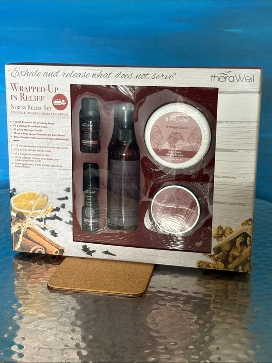 NWT theraWell Stress Relief Gift Set Essential Oil Bath Bomb & Body Candle