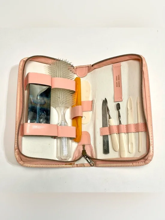 Vintage 1950-1960 Travel Vanity Manicure Grooming Set Pink Leather Case Germany