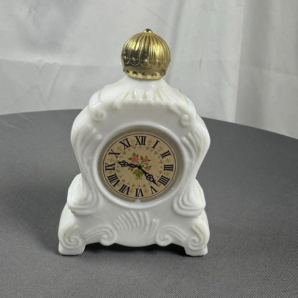 Vintage AVON Brocade White Milk Glass Mantel Clock Foaming Bath‎ Oil 5 oz