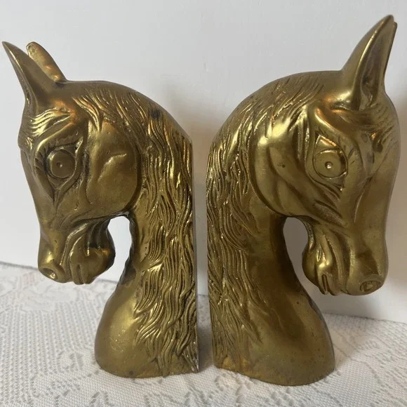 Vintage Mid Centry Modern  Brass 2 Large Horse Head Bookends‎ Pair