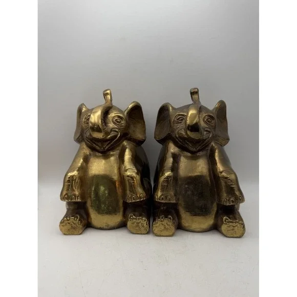 Vintage Brass Elephant Bookends Pair Mid Century Heavy Gold Tone Elephant Decor