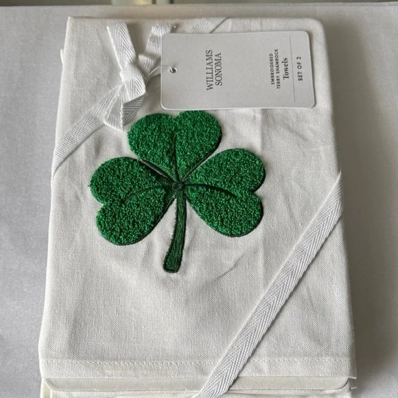 Williams Sonoma White Tea Towels with Embroidered Green Shamrock
