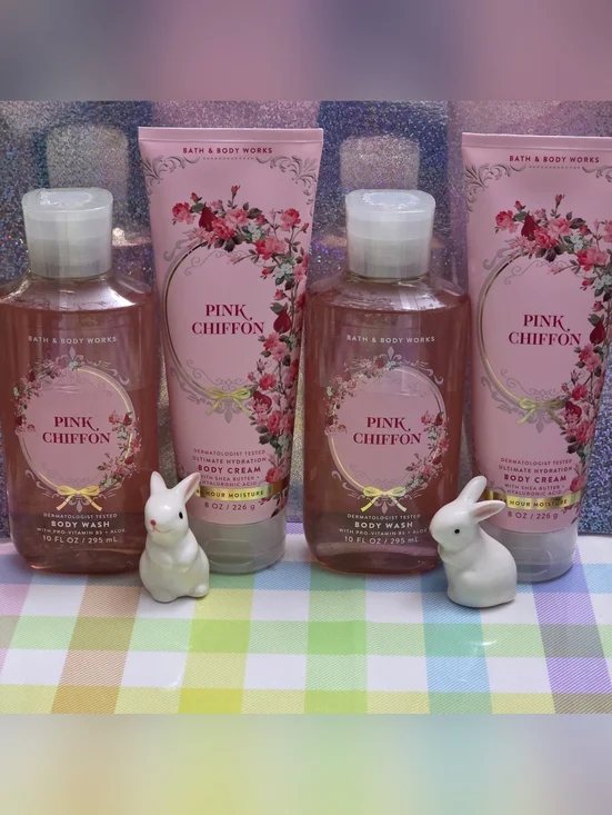 Bath & Body Works Pink Chiffon Hydrating Body Cream & Body Wash 4 Piece Set NEW