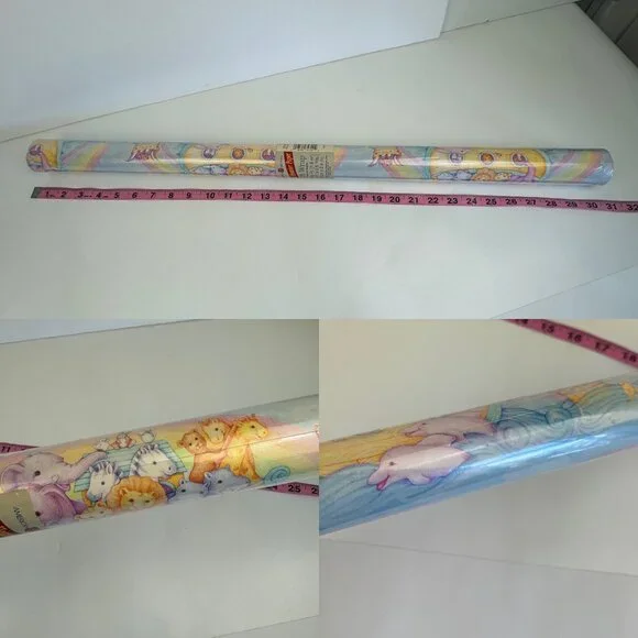 Sealed Vtg American Greetings Noah's Ark Pastel Baby Shower Wrapping Paper‎ Tube