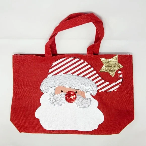 Hobby Lobby Santa Christmas Tote Bag Red Burlap Sequin Large Holiday