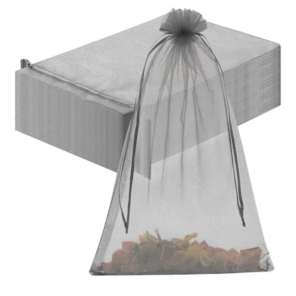 Organza Bags, (12 x 8 Inch, Grey)(50 Pcs), Drawstring Sheer Organza Gift Bags